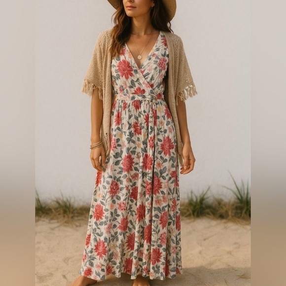 Roxy Dresses & Skirts - Roxy Women's White Floral Short Sleeve V-Neck Long Maxi Wrap Dress 12‎ Beachy